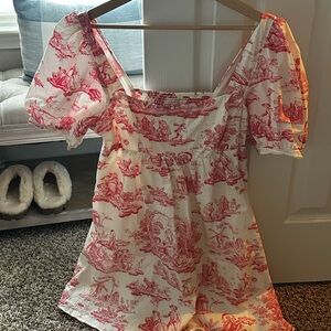 Laura Ashley x Urban Outfitters pink toile mini dress with puff sleeves